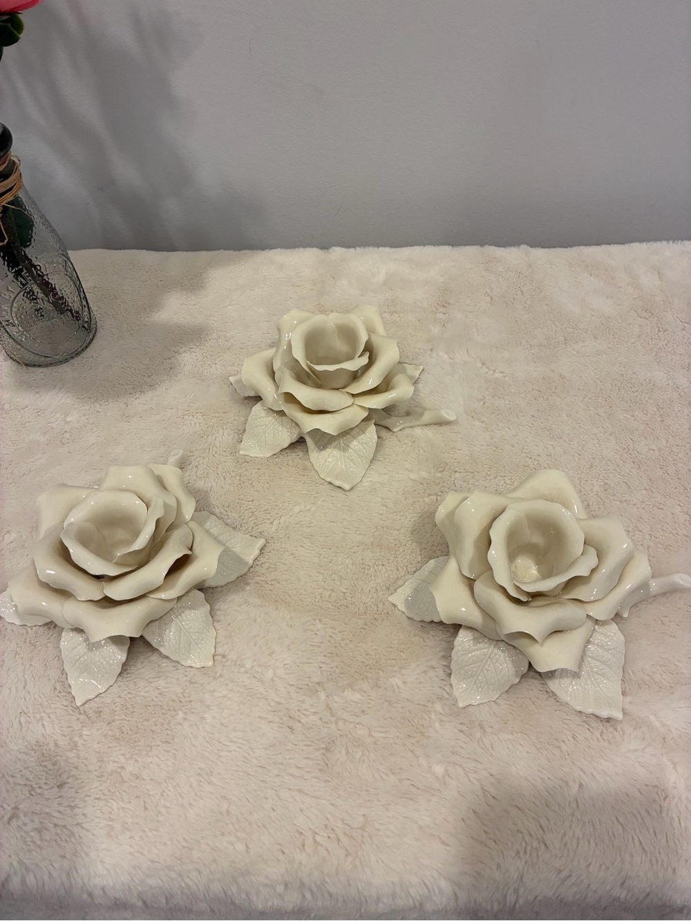 Vintage Porcelain Rose Candle Holders - Set of 3
